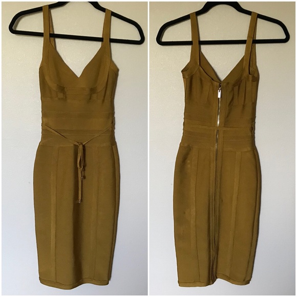 House of CB Belice Ginger Tie Waist Bandage Dress Mustard Gold Yellow Sz XS - Picture 4 of 13